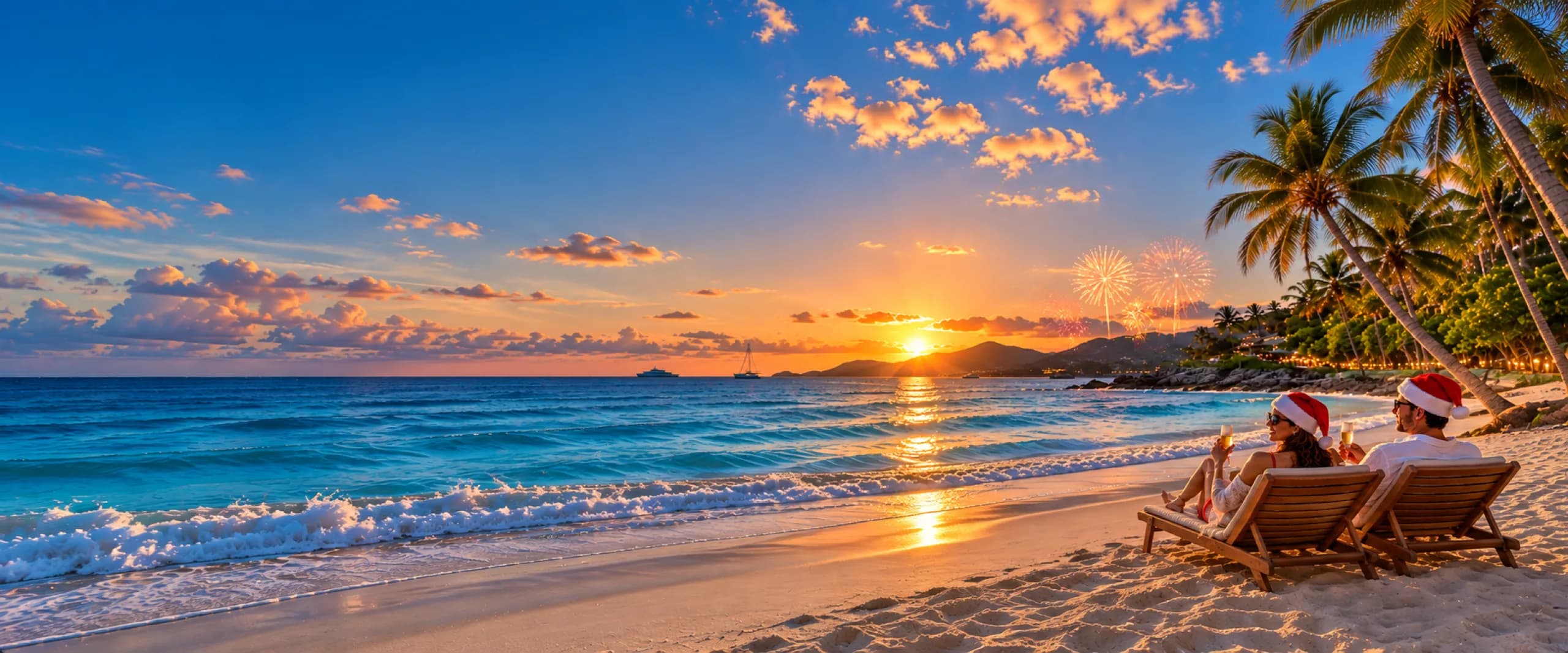 Couple in Santa hats on loungers toasting with champagne on a tropical beach at sunset, with fireworks over the sea
