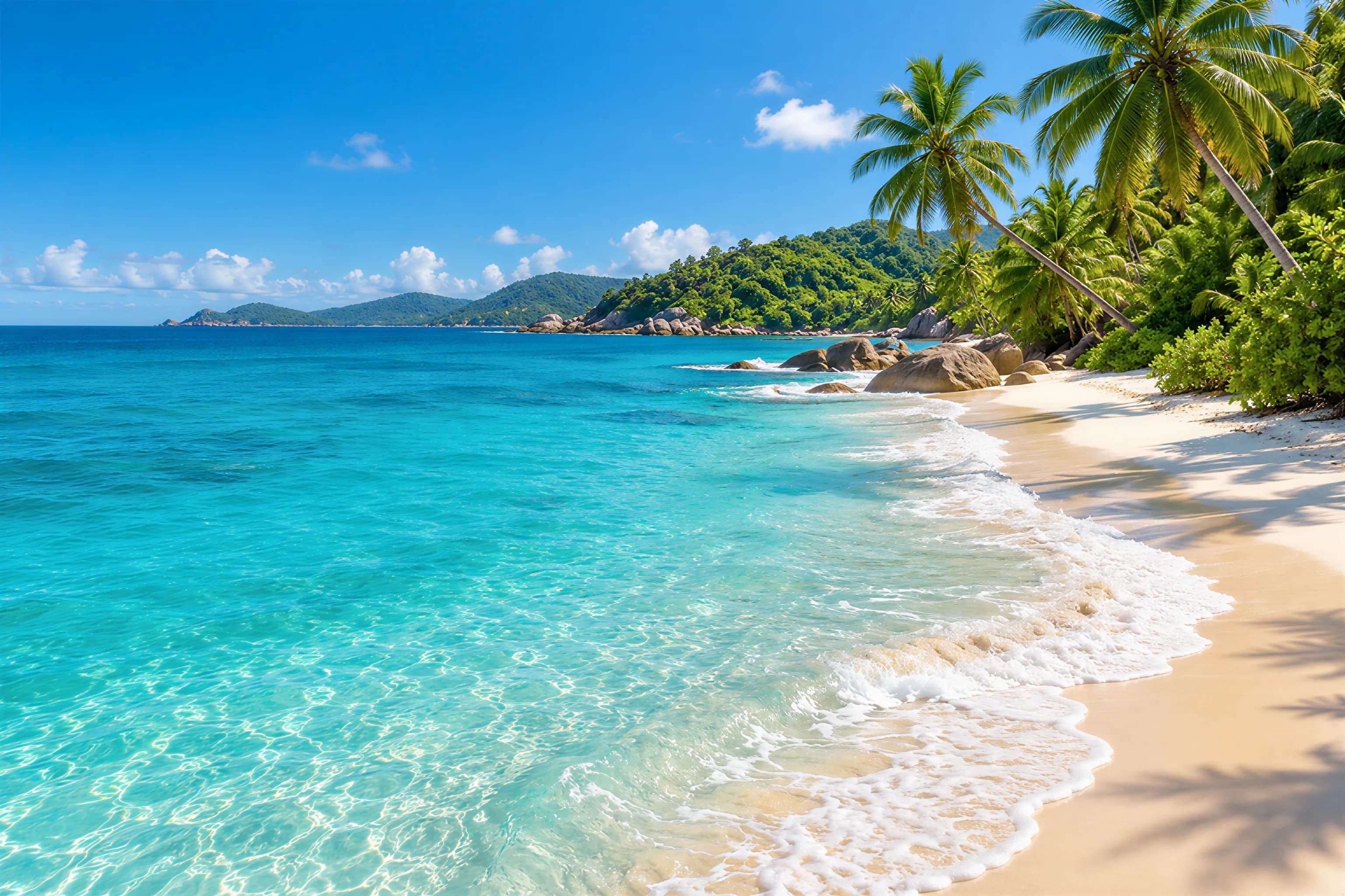 A vibrant tropical shoreline with clear turquoise water and palms