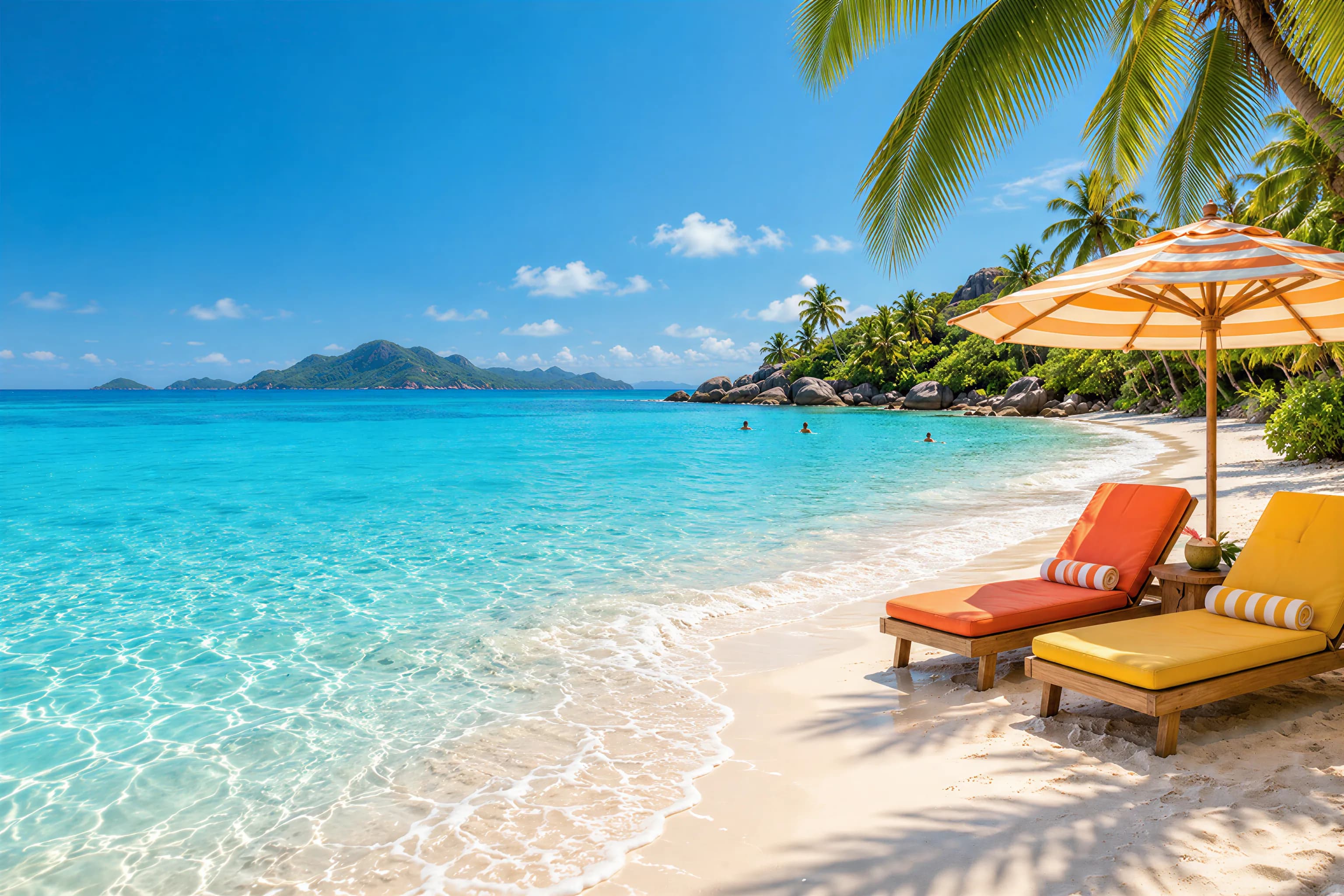 Colourful beach loungers and a striped parasol beside a turquoise sea