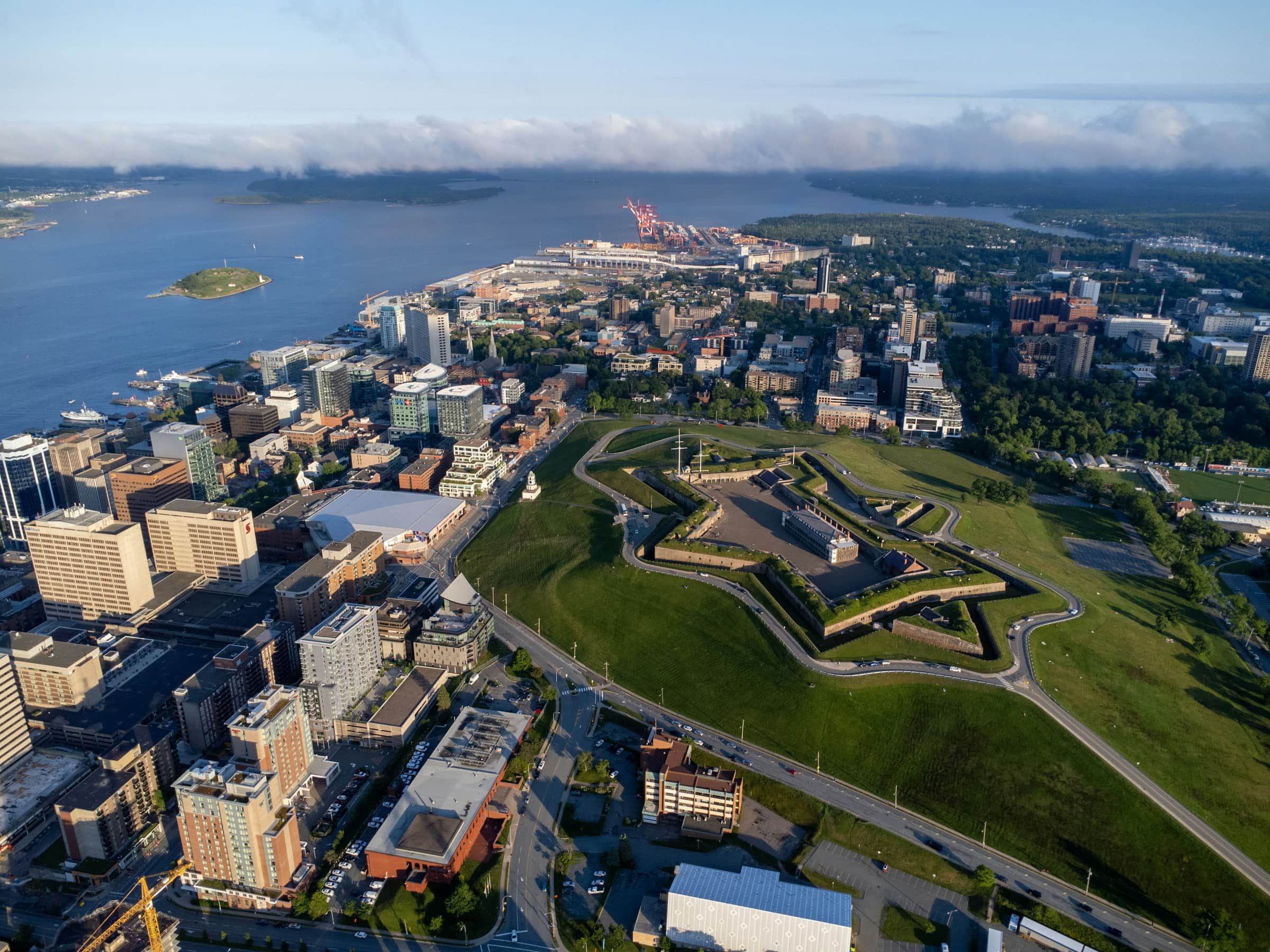 An aerial view of the star-shaped Halifax Citadel above the downtown and harbour, Nova Scotia